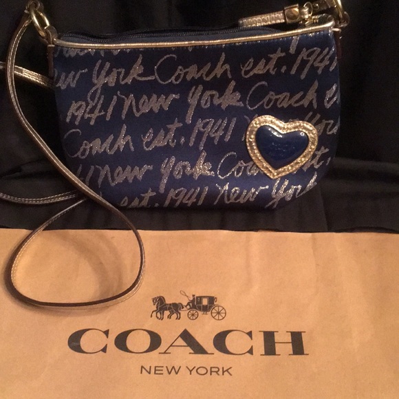 Coach Handbags - Coach Lurex Navy Gold New York Script Heart Xbody